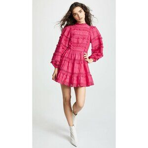 ULLA JOHNSON Amour Fuchsia Pink Cotton Lace Ruffle Balloon Sleeve Dress, Size 6